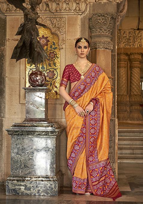 Orange Woven Printed SVP Silk Saree Set