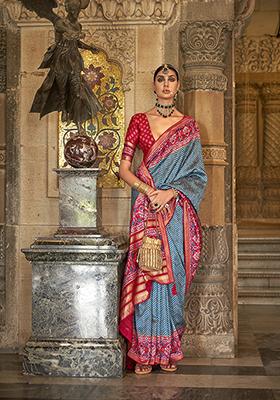 Sky Blue Woven Printed SVP Silk Saree Set