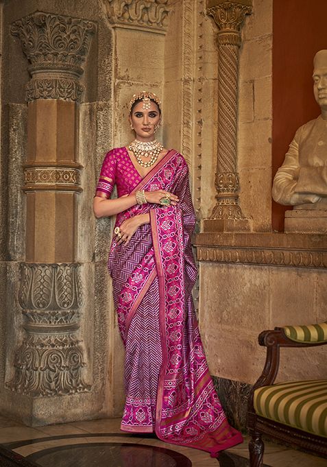 Purple Woven Printed SVP Silk Saree Set