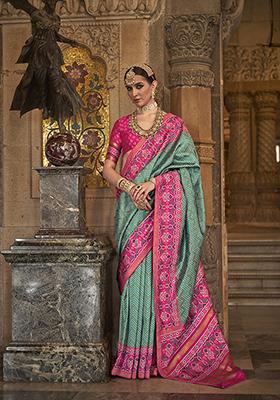 Rama Green Woven Printed SVP Silk Saree Set