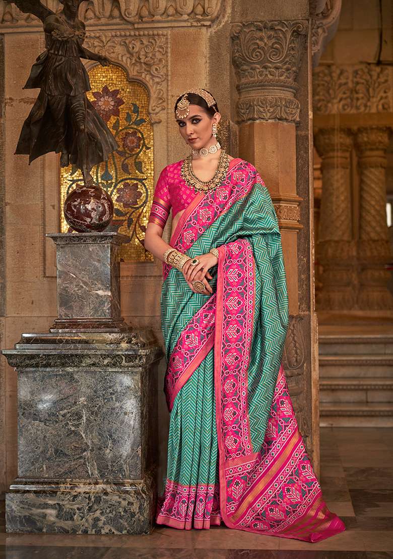 Rama Green Woven Printed SVP Silk Saree Set - Indya