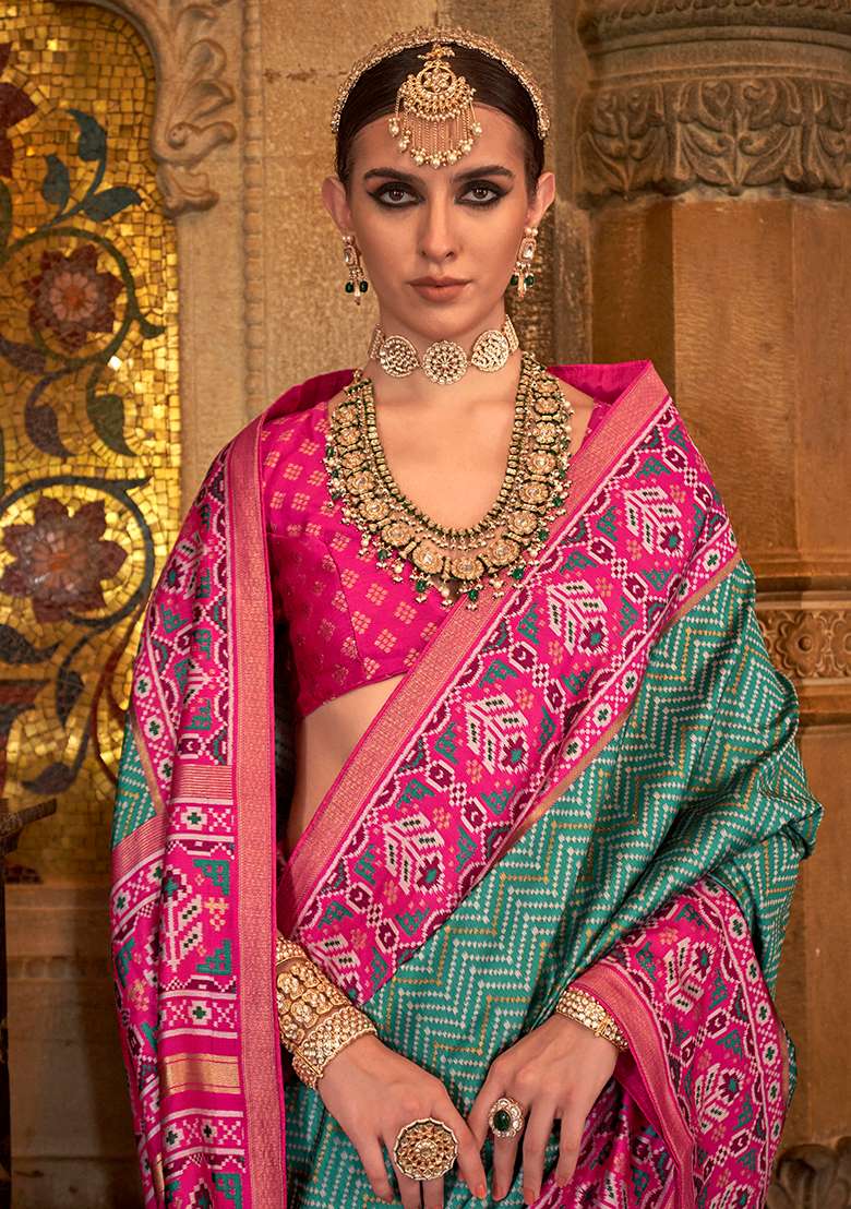 Rama Green Woven Printed SVP Silk Saree Set - Indya