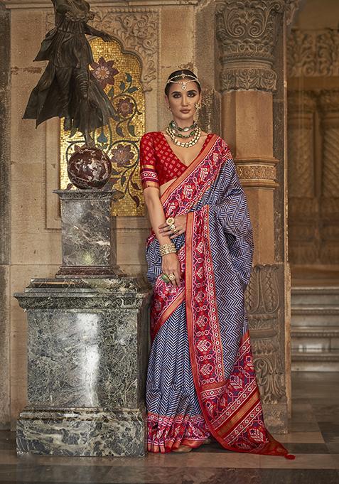 Navy Blue Woven Printed SVP Silk Saree Set