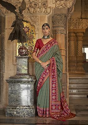 Green Woven Printed SVP Silk Saree Set