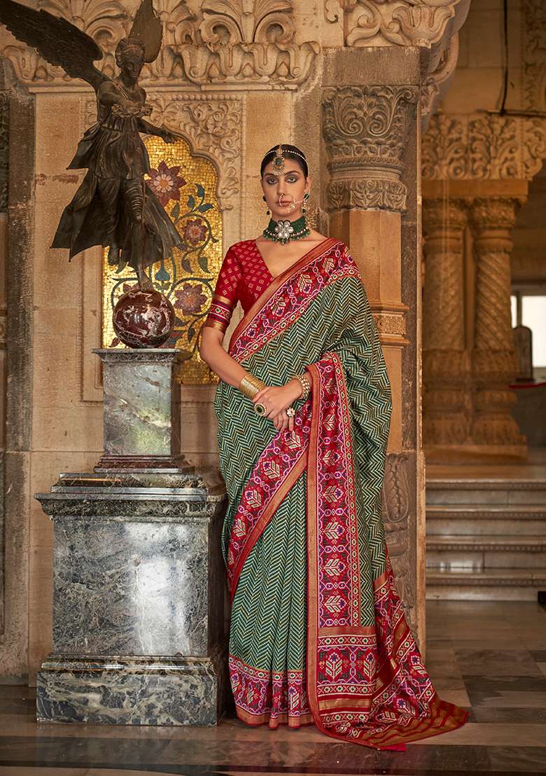 Green Woven Printed SVP Silk Saree Set - Indya