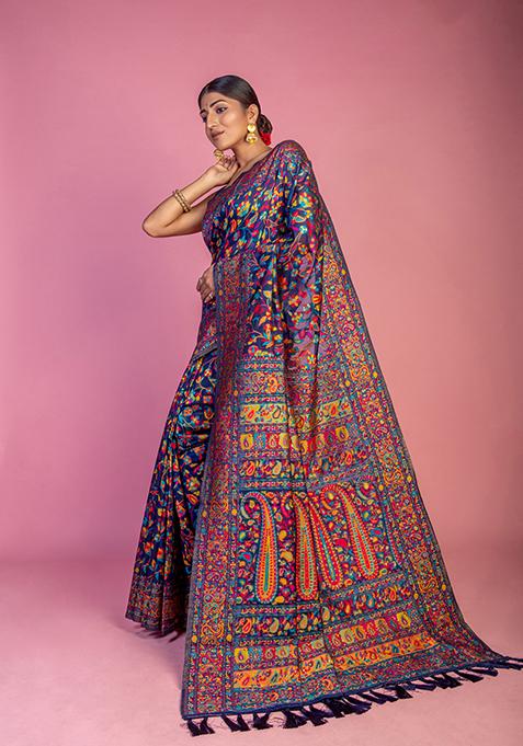 Blue Woven Kashmiri Pashmina Saree Set