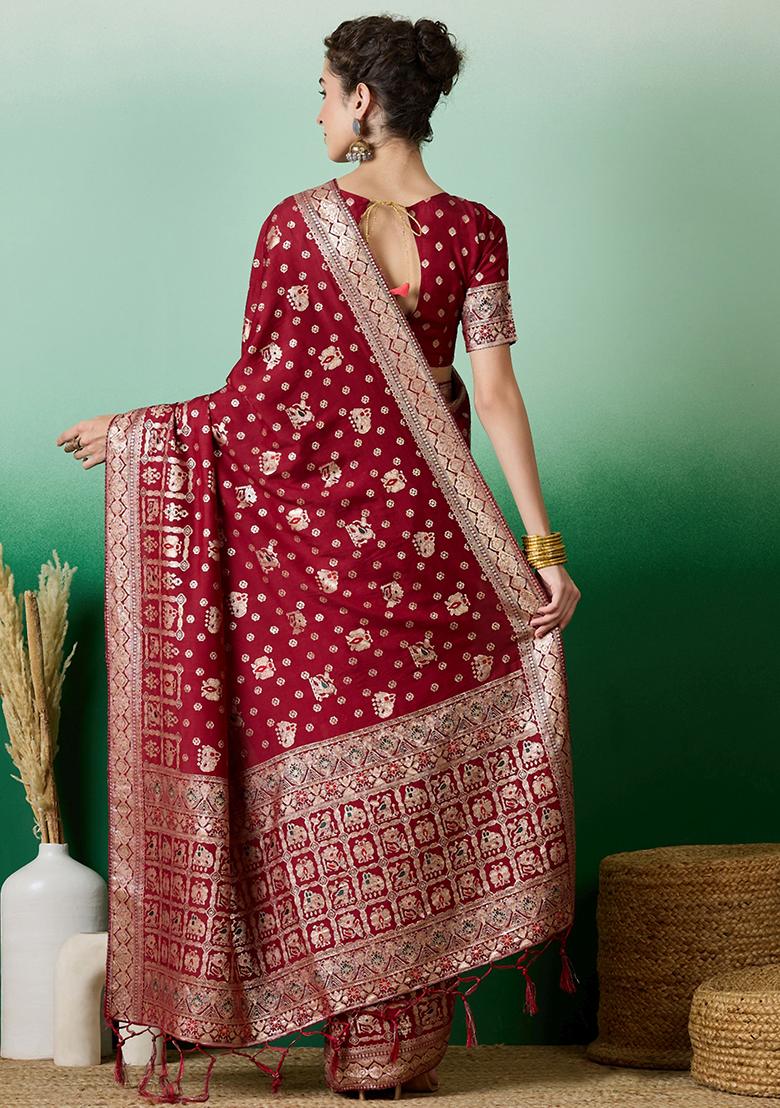 Maroon Woven Staple Dola Cotton Saree Set