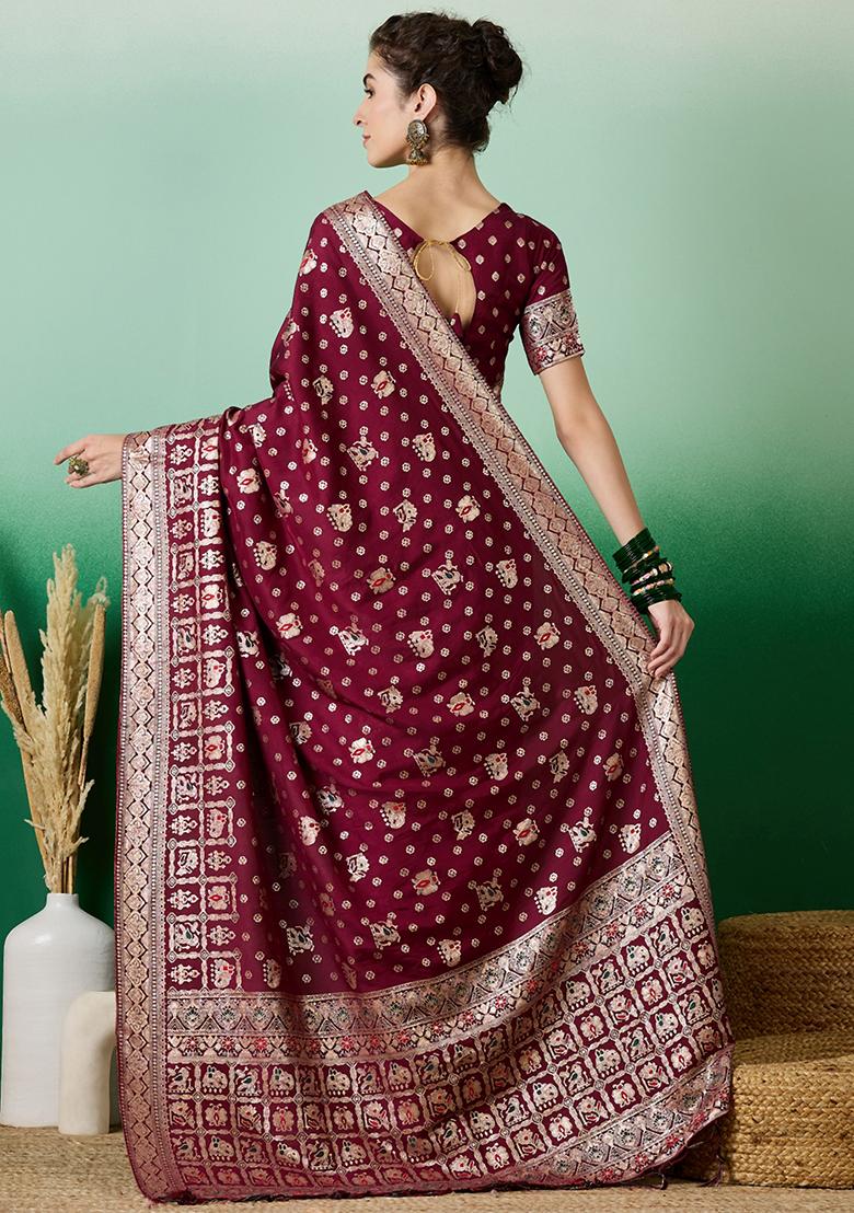 Wine Woven Staple Dola Cotton Saree Set