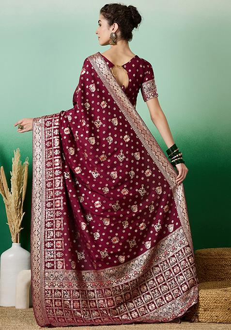 Wine Woven Staple Dola Cotton Saree Set