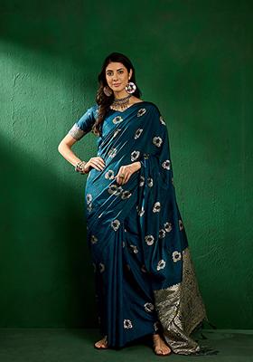 Teal Woven Staple Dola Cotton Saree Set