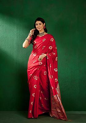 Red Woven Staple Dola Cotton Saree Set