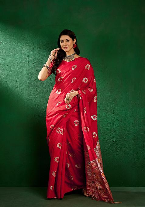 Red Woven Staple Dola Cotton Saree Set
