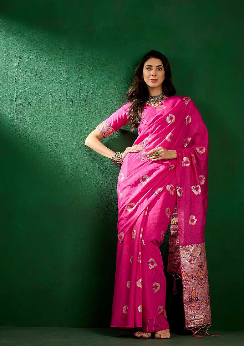 Pink Woven Staple Dola Cotton Saree Set - Indya