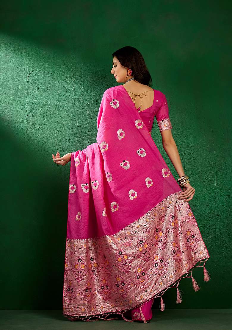 Pink Woven Staple Dola Cotton Saree Set - Indya