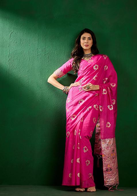 Pink Woven Staple Dola Cotton Saree Set