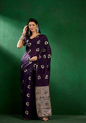 Violet Woven Staple Dola Cotton Saree Set
