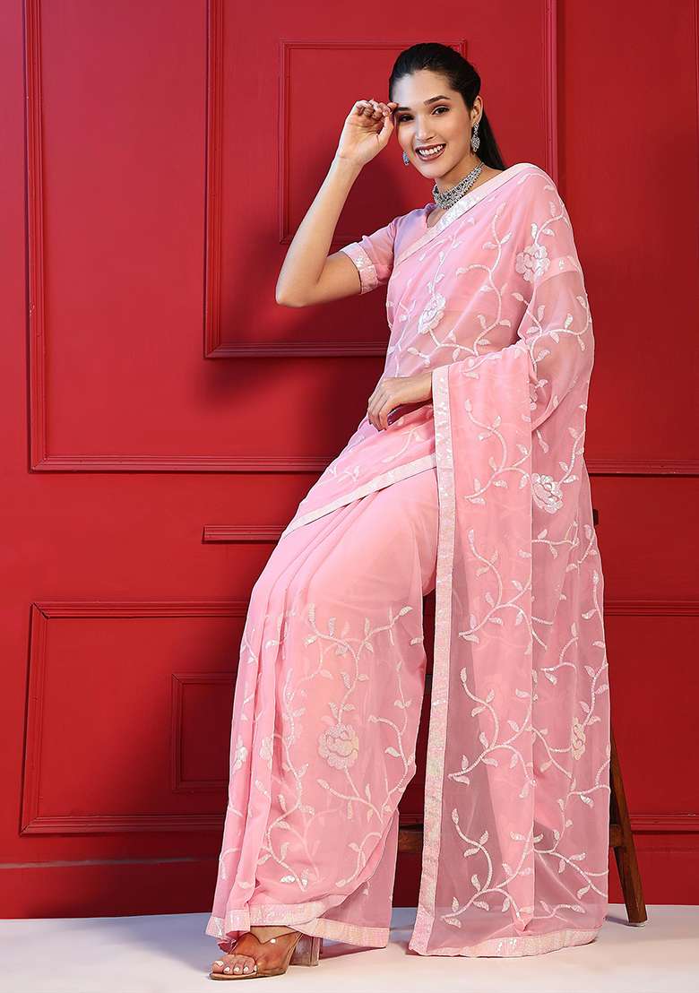 Pink Sequin Embroidered Georgette Saree Set - Indya