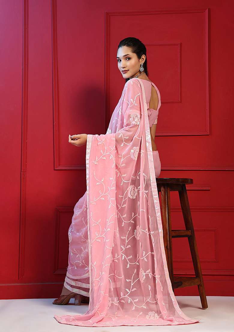Pink Sequin Embroidered Georgette Saree Set - Indya