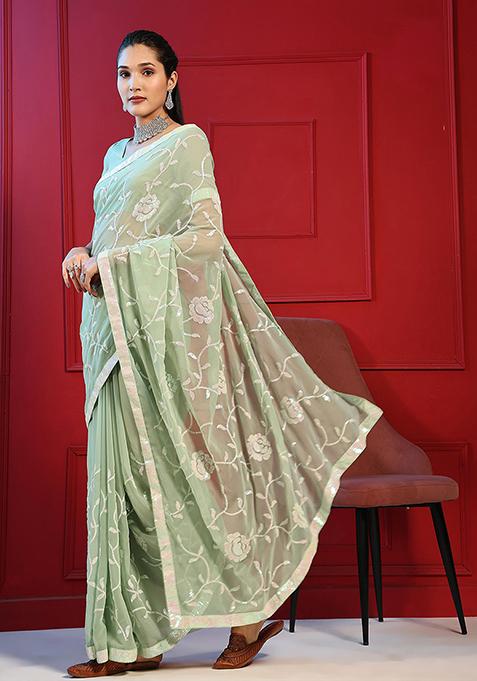 Pista Green Sequin Embroidered Georgette Saree Set