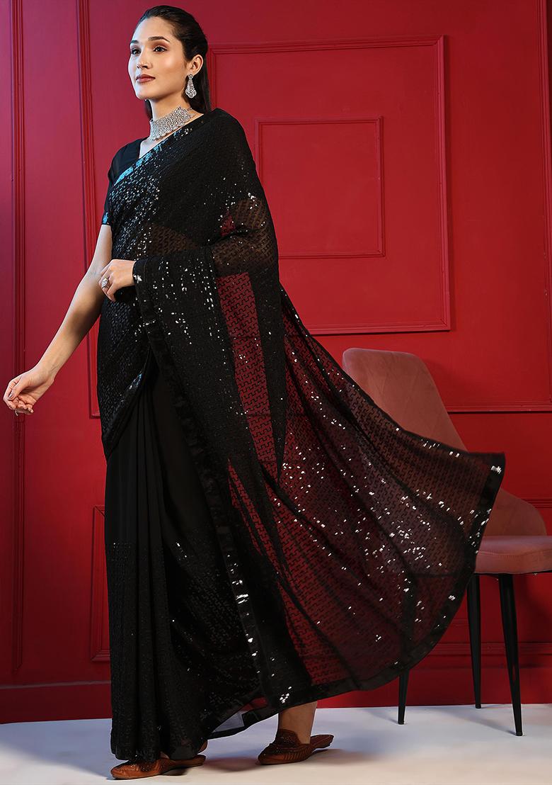 Black Sequin Embroidered Georgette Saree Set
