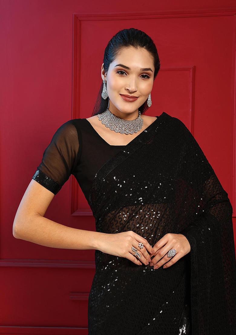 Black Sequin Embroidered Georgette Saree Set