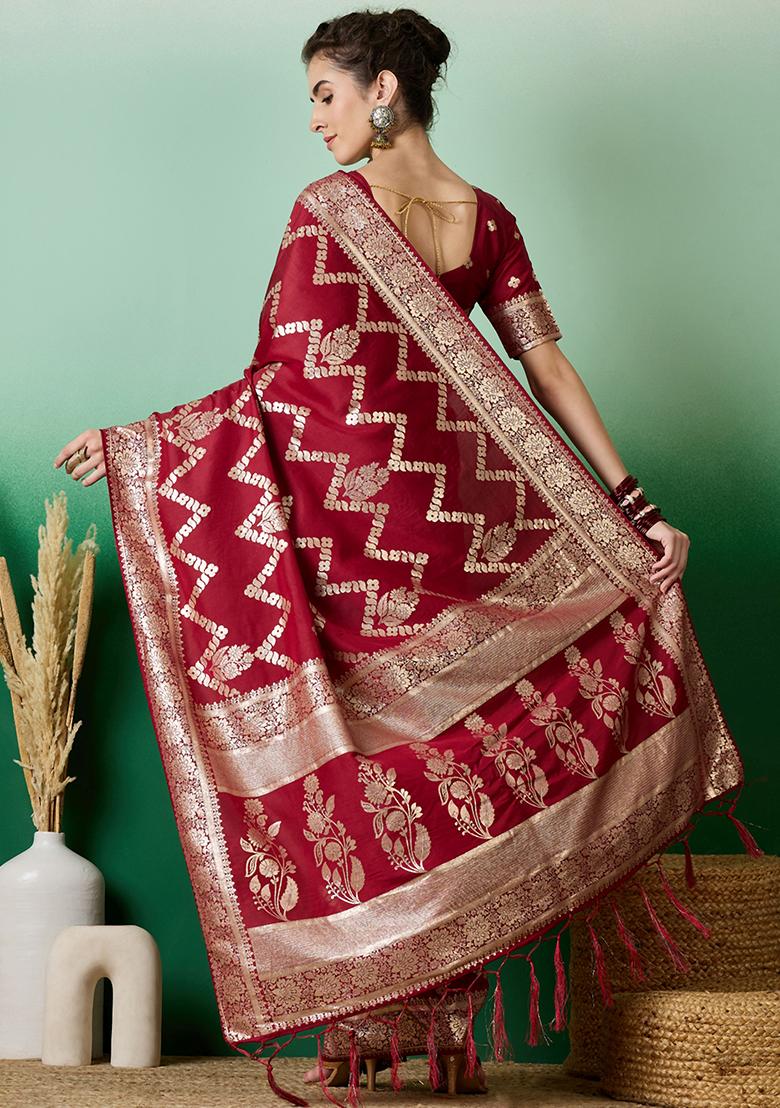 Maroon Woven Staple Dola Cotton Saree Set