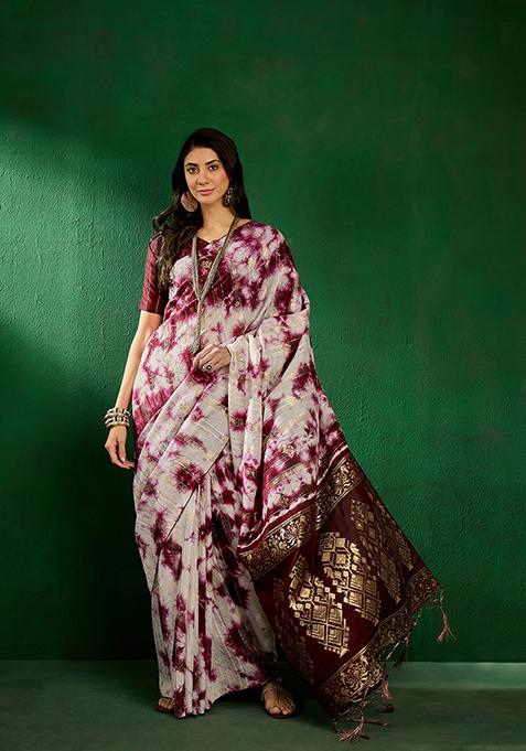 Wine Woven Staple Cotton Saree Set