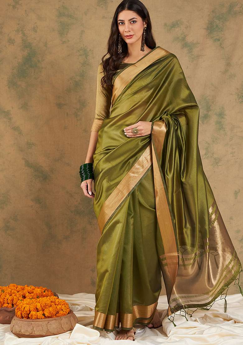 Green Zari Woven Cotton Organza Saree Set - Indya