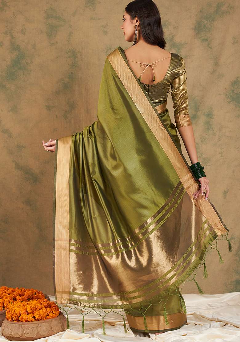 Green Zari Woven Cotton Organza Saree Set - Indya