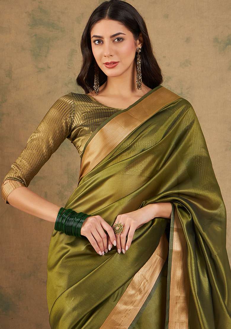 Green Zari Woven Cotton Organza Saree Set - Indya