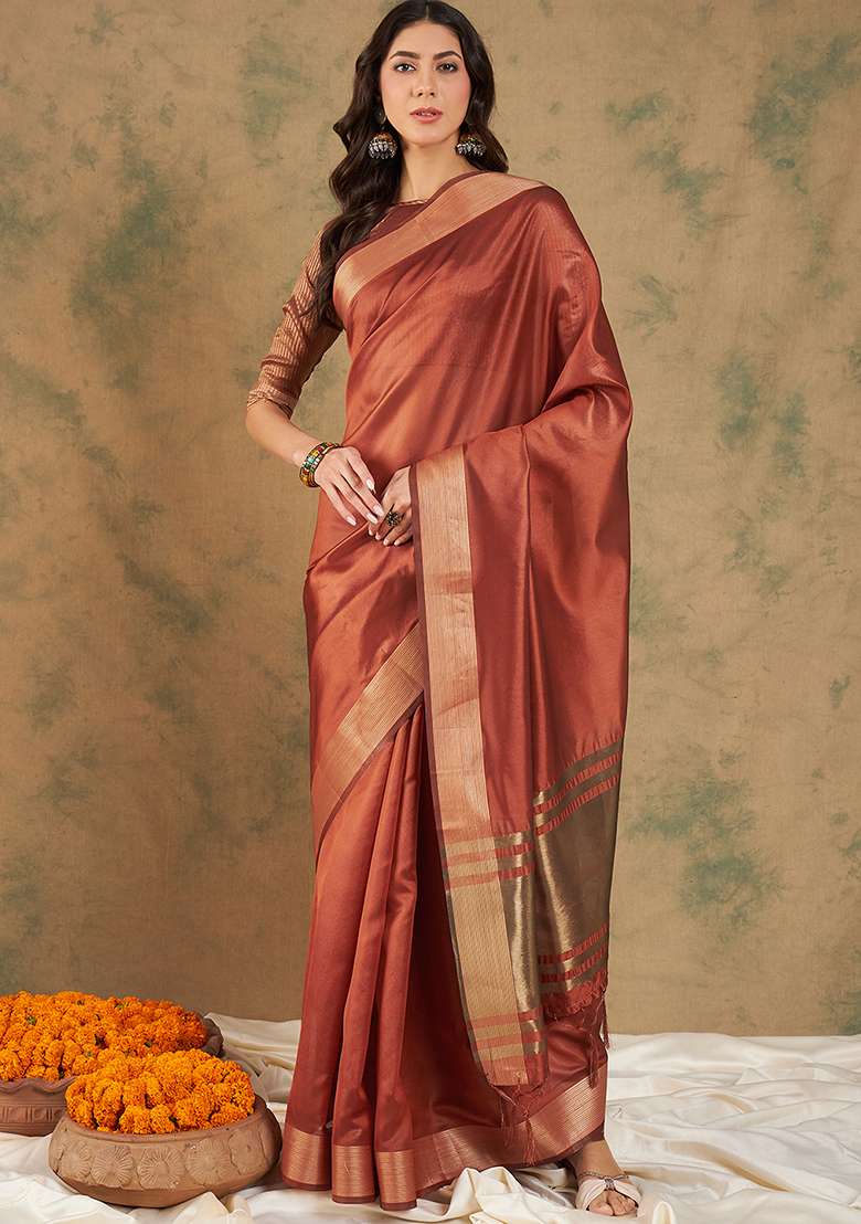 Rust Zari Woven Cotton Organza Saree Set - Indya