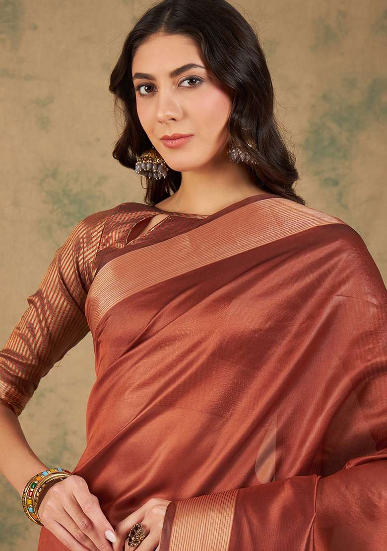 Rust Zari Woven Cotton Organza Saree Set - Indya