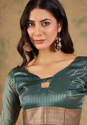 Teal Zari Woven Cotton Organza Saree Set