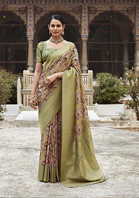 Green Digital Print Tissue Silk Saree Set