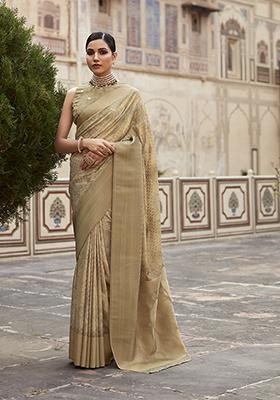 Dusty Brown Digital Print Tissue Silk Saree Set