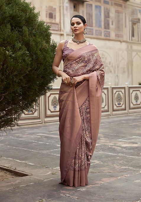Purple Digital Print Tissue Silk Saree Set
