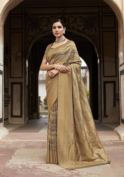 Green Digital Print Tissue Silk Saree Set