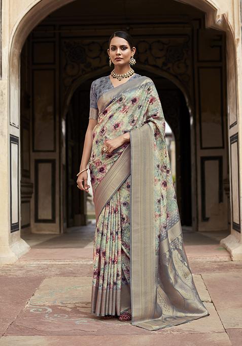 Grey Digital Print Tissue Silk Saree Set