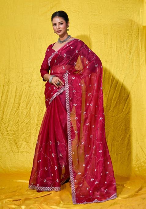 Red Zari Sequin Embroidered Burberry Silk Saree Set