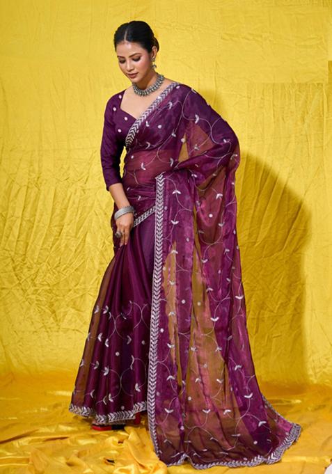 Purple Zari Sequin Embroidered Burberry Silk Saree Set