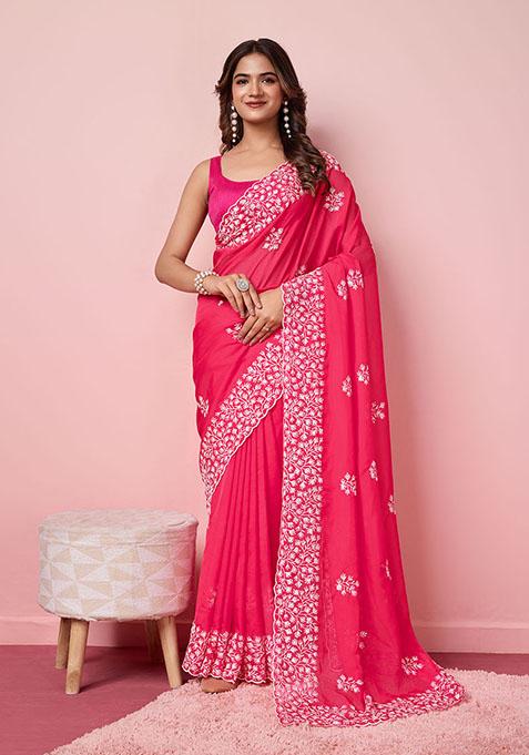 Pink Sequin Embroidered Tabby Silk Saree Set