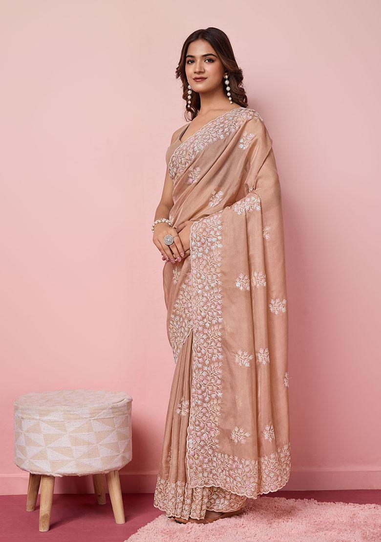 Beige Sequin Embroidered Tabby Silk Saree Set