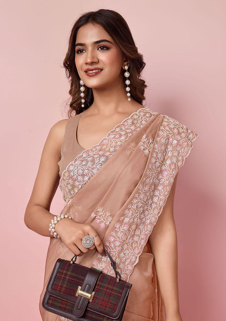 Beige Sequin Embroidered Tabby Silk Saree Set