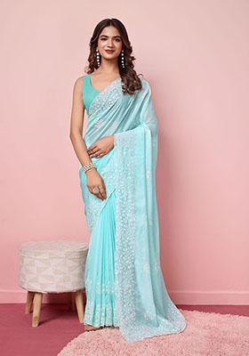 Sky Blue Sequin Embroidered Tabby Silk Saree Set
