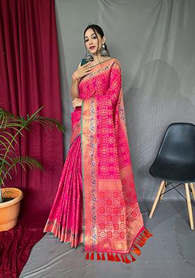Pink Zari Woven Patola Silk Saree Set