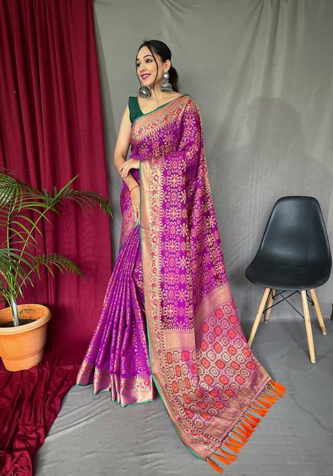 Purple Zari Woven Patola Silk Saree Set