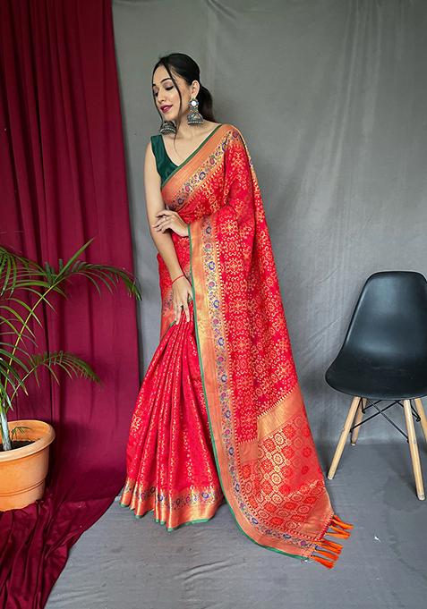 Red Zari Woven Patola Silk Saree Set