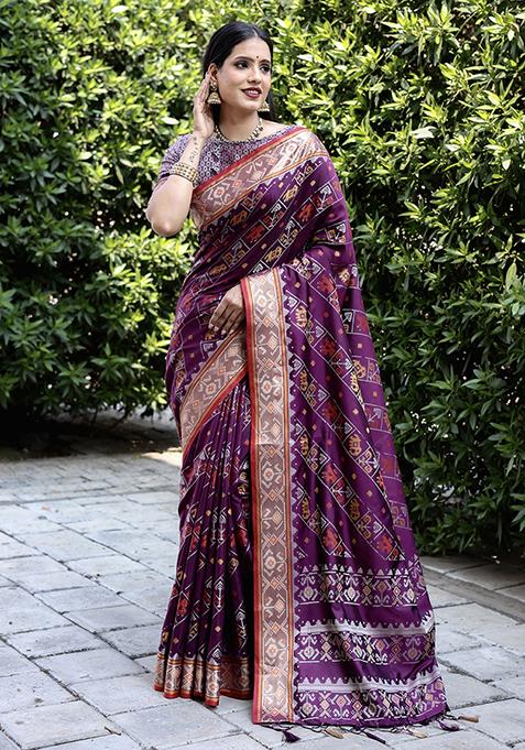 Purple Woven Handloom Silk Saree Set