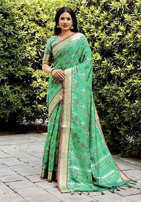 Rama Green Woven Handloom Silk Saree Set