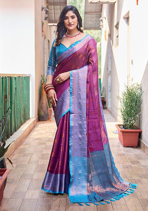 Purple Zari Woven Kanchi Silk Saree Set